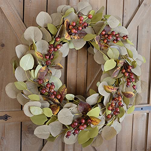 Bibelot Artificial Green Leaf Eucalyptus Wreath,Berry Wreath for Spring,Summer, Front Door Window Hanging Wall Party Decorations (20Inch)