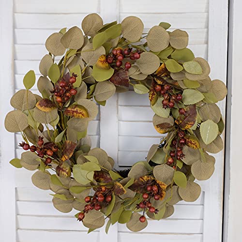 Bibelot Artificial Green Leaf Eucalyptus Wreath,Berry Wreath for Spring,Summer, Front Door Window Hanging Wall Party Decorations (20Inch)