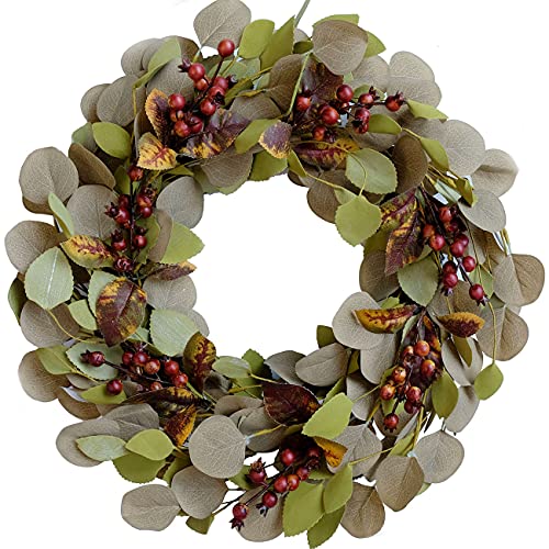 Bibelot Artificial Green Leaf Eucalyptus Wreath,Berry Wreath for Spring,Summer, Front Door Window Hanging Wall Party Decorations (20Inch)