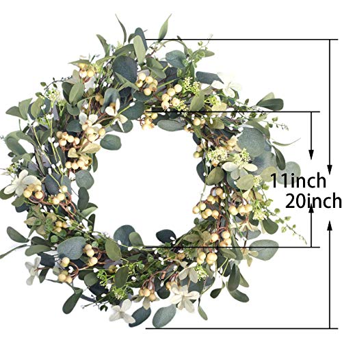 Bibelot Artificial Green Leaf Eucalyptus Wreath,Berry Wreath for Spring,Summer, Front Door Window Hanging Wall Party Decorations (20Inch)