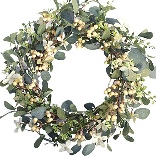 Bibelot Artificial Green Leaf Eucalyptus Wreath,Berry Wreath for Spring,Summer, Front Door Window Hanging Wall Party Decorations (20Inch)