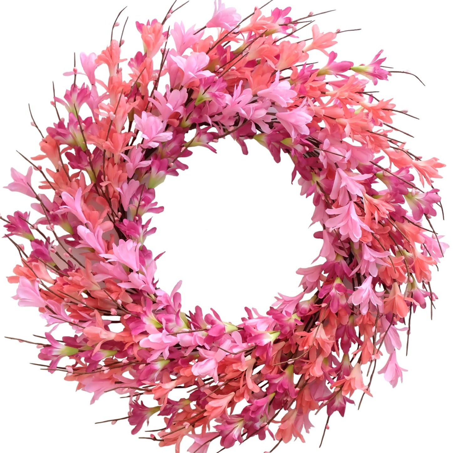 Bibelot 20inch Artificial Forsythia Flower Wreath Spring Summer Fall Wreath Silk Leaves Wreath for Front Door Wreath Porch Farmhouse Patio Garden Home Decor (White)