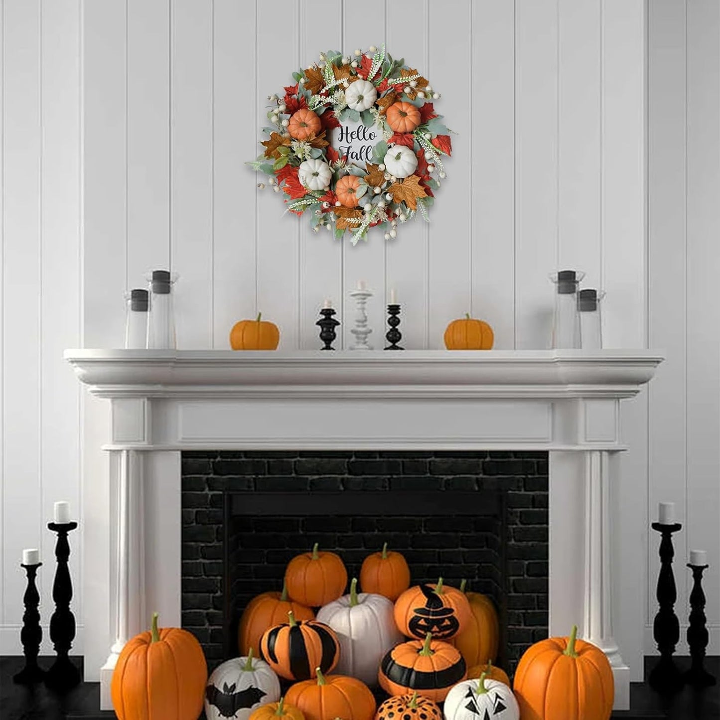 Bibelot Fall Wreaths for Front Door, 22 Inch Autumn Maples Leaf Pumpkin Berry Wreath with Hello Fall sign, Fall Decorations for Thanksgiving Halloween Farmhouse Harvest Home Outdoor Indoor Window Wall