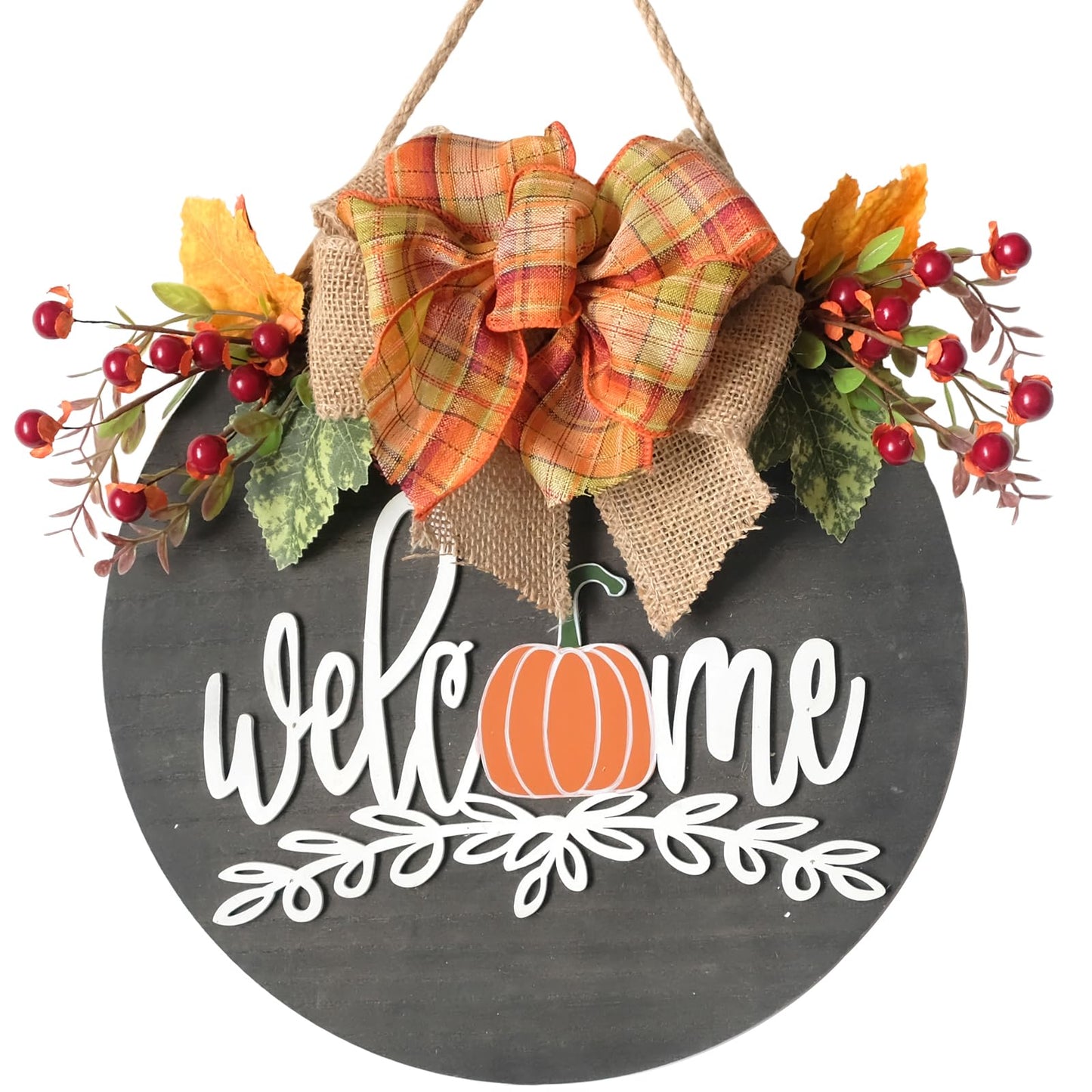 idyllic Autumn Harvest Welcome Wreath, 14 Inch Hello Fall Front Door Sign with Burlap Bow, Mixed Grain, and Leaves, Rustic Wood Farmhouse Porch Decor for Home Front Door Decor 12 inches