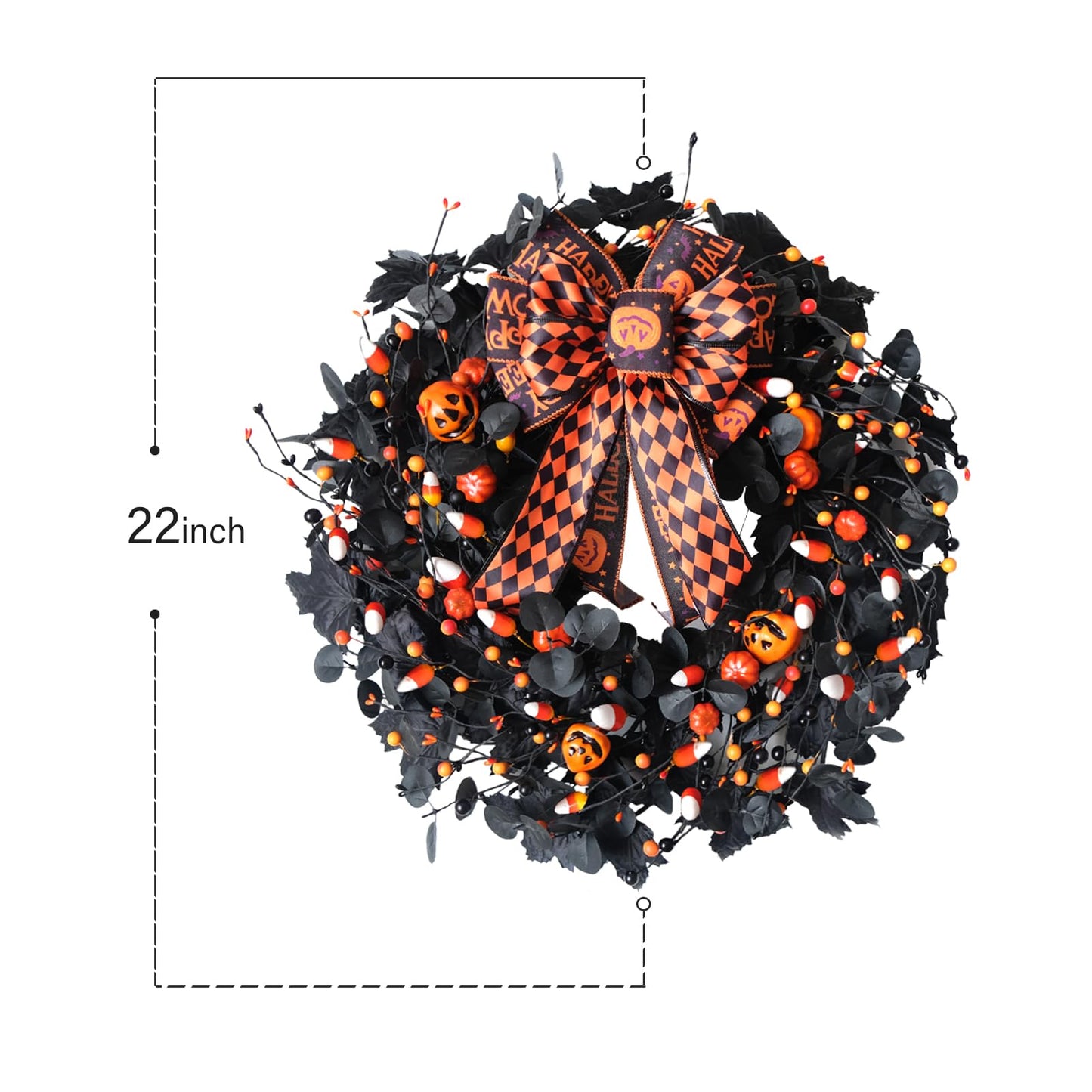 Bibelot 22inch Halloween Eucalyptus Wreaths Bow Decorative Wreaths Black Wreaths Pumpkin Decorative Wreaths Party Holiday Celebration Wreaths Indoor Outdoor Home Decoration Wreath