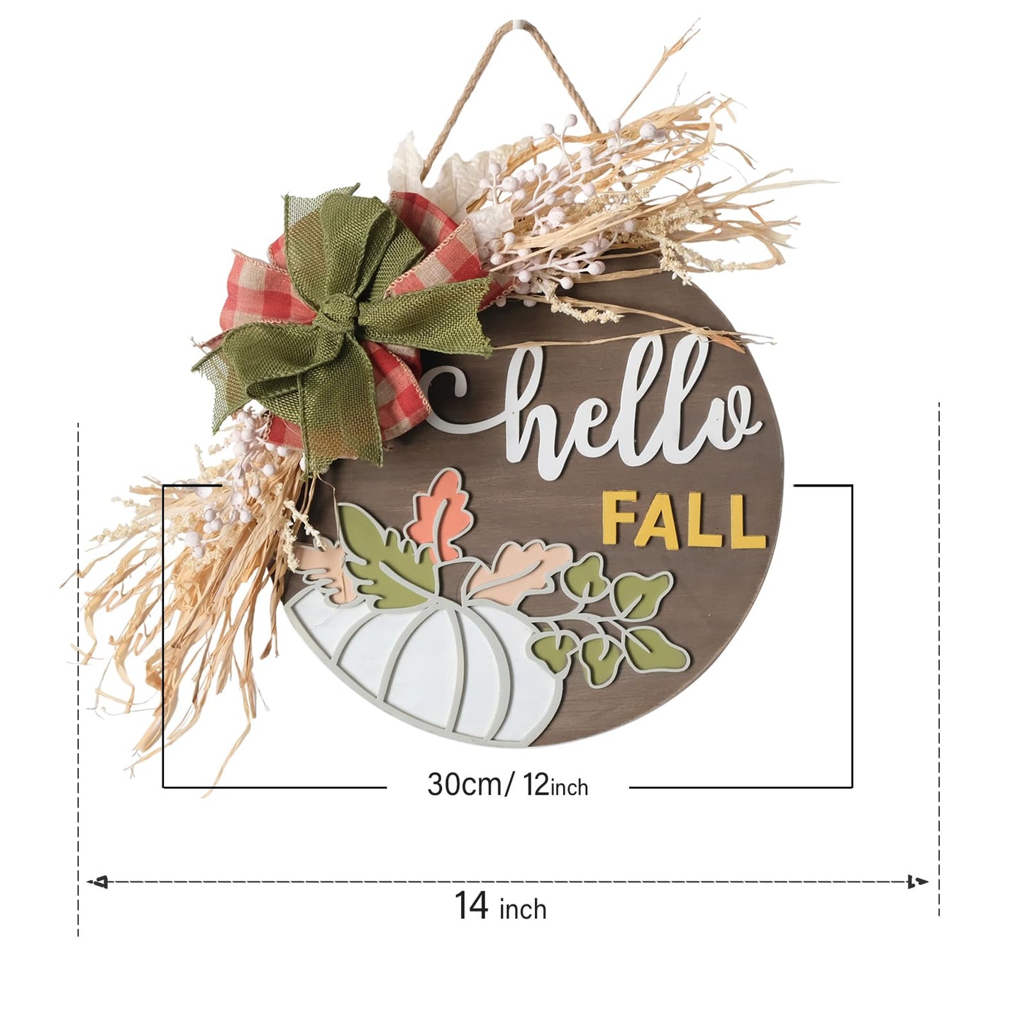 idyllic Autumn Harvest Welcome Wreath, 14 Inch Hello Fall Front Door Sign with Burlap Bow, Mixed Grain, and Leaves, Rustic Wood Farmhouse Porch Decor for Home Front Door Decor 12 inches