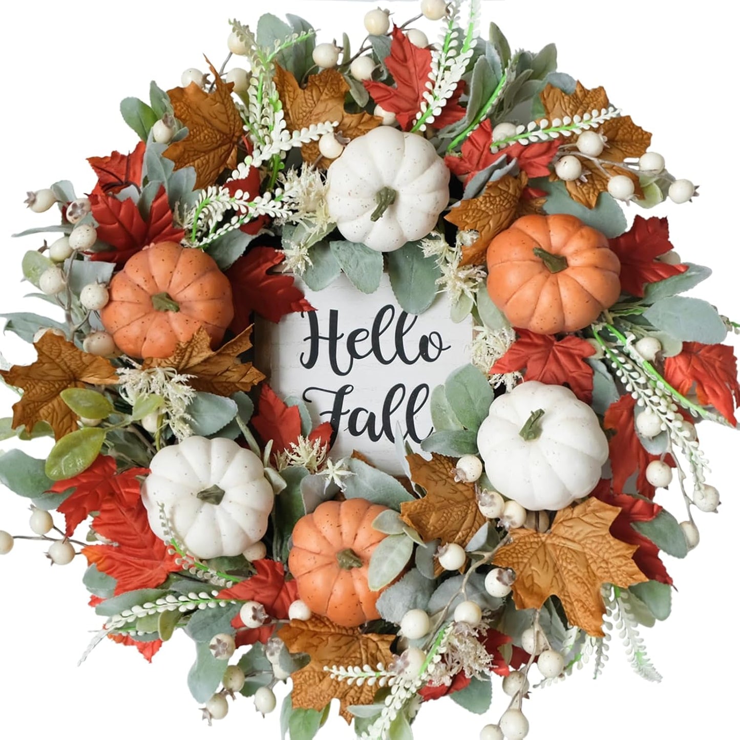 Bibelot Fall Wreaths for Front Door, 22 Inch Autumn Maples Leaf Pumpkin Berry Wreath with Hello Fall sign, Fall Decorations for Thanksgiving Halloween Farmhouse Harvest Home Outdoor Indoor Window Wall