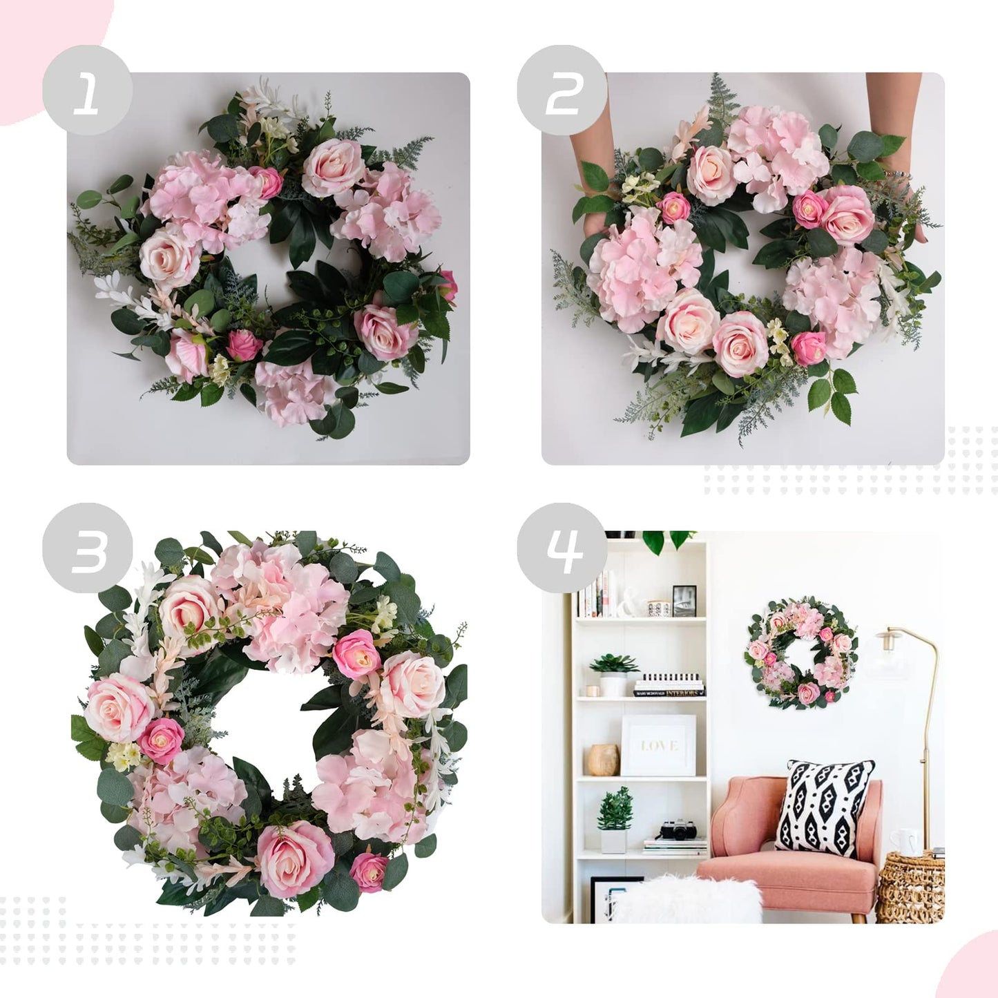 Bibelot Artificial Pink Rose Wreath 20 inches Front Door Wreath with Hydrangea Green Leaves Wreath Artificial Spring Wreath Valentines Mother's Day Wreath for Wall Wedding Party Home Decor (Pink)