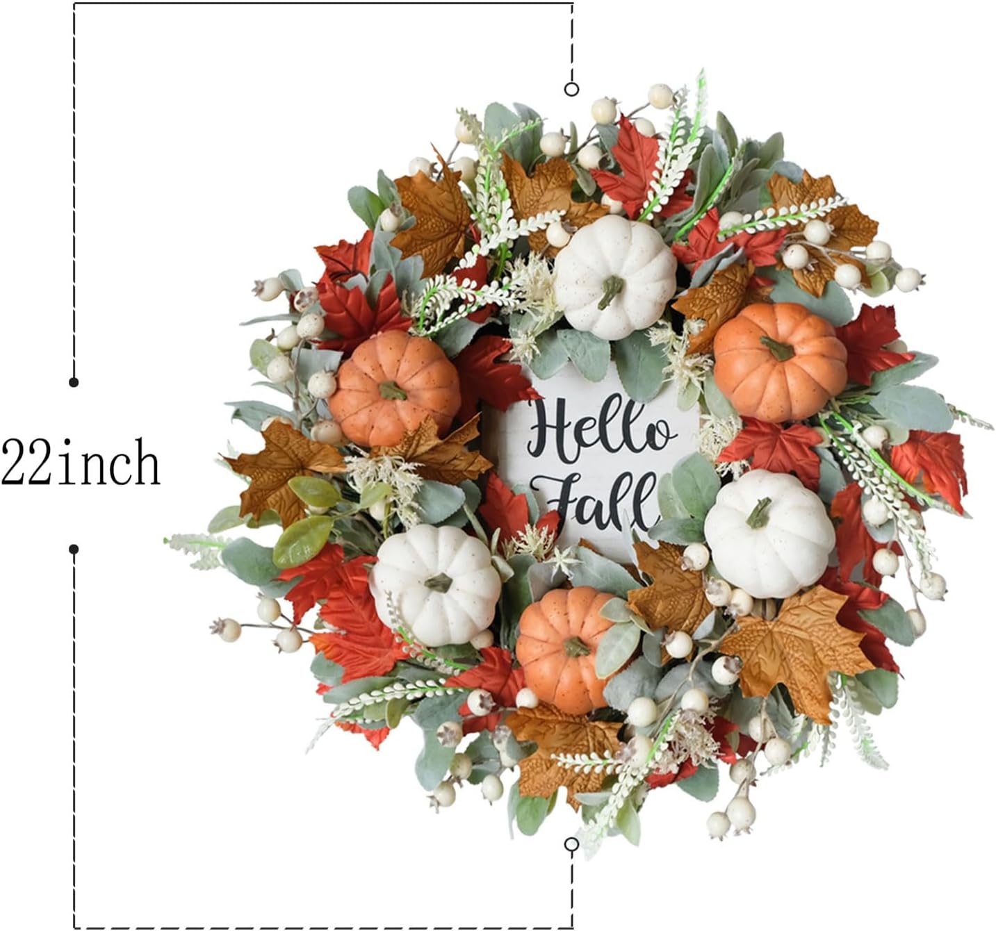 Bibelot Fall Wreaths for Front Door, 22 Inch Autumn Maples Leaf Pumpkin Berry Wreath with Hello Fall sign, Fall Decorations for Thanksgiving Halloween Farmhouse Harvest Home Outdoor Indoor Window Wall