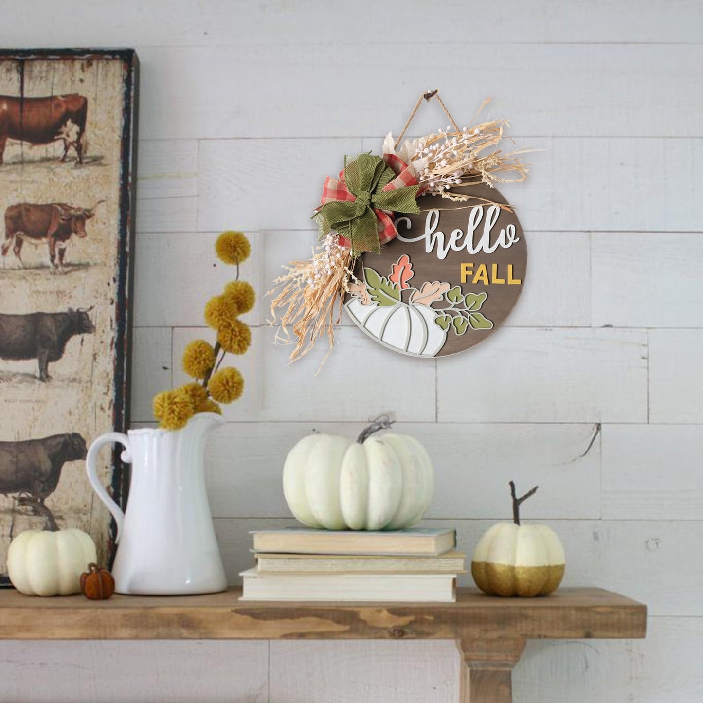 idyllic Autumn Harvest Welcome Wreath, 14 Inch Hello Fall Front Door Sign with Burlap Bow, Mixed Grain, and Leaves, Rustic Wood Farmhouse Porch Decor for Home Front Door Decor 12 inches