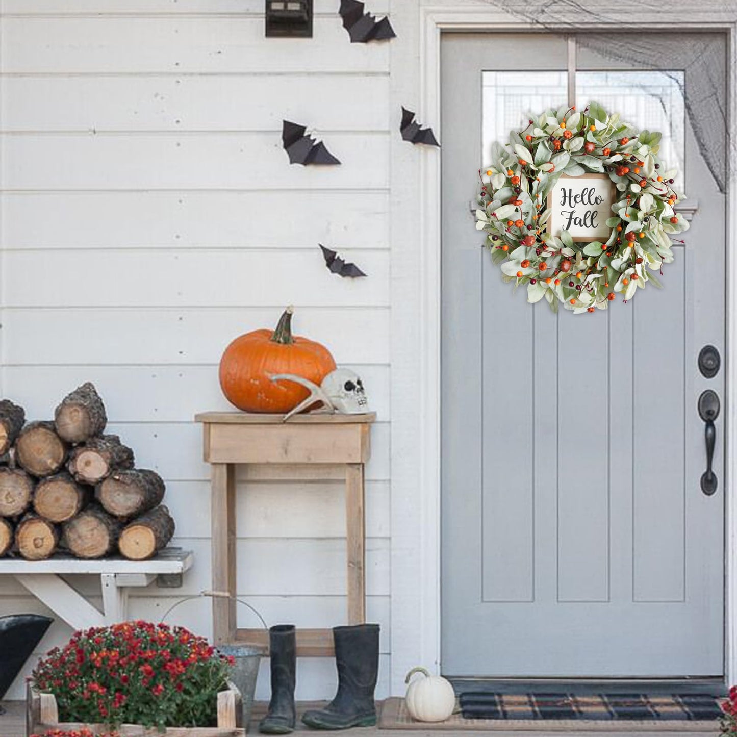 Bibelot Fall Decor Wreaths for Front Door, 20'' Artificial Lamb’s Leaves Wreath with Mini Pumpkin and Berries, Green Autumn Wreaths for Inside Outside Wall Farmhouse Home Thanksgiving Festival Decor