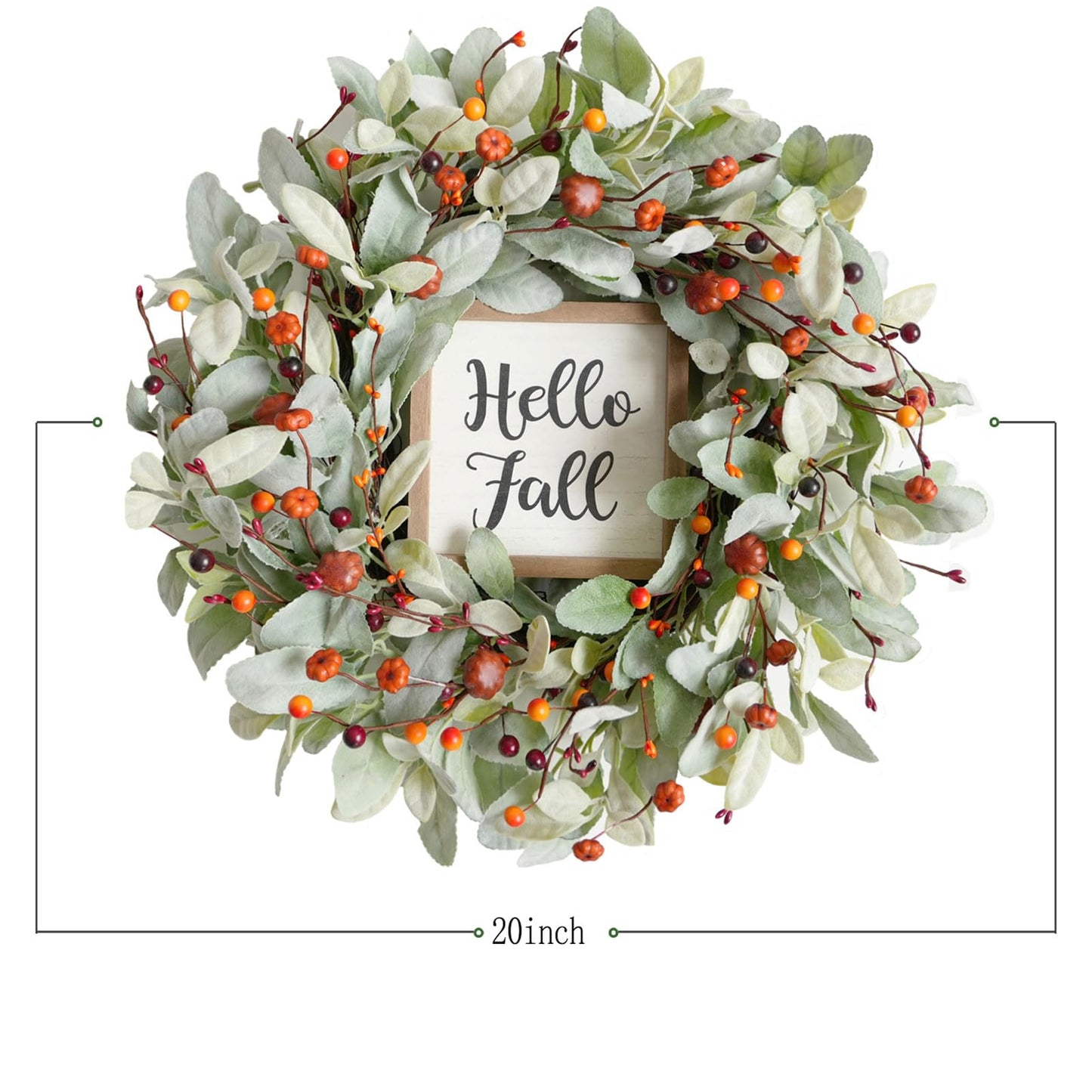 Bibelot Fall Decor Wreaths for Front Door, 20'' Artificial Lamb’s Leaves Wreath with Mini Pumpkin and Berries, Green Autumn Wreaths for Inside Outside Wall Farmhouse Home Thanksgiving Festival Decor