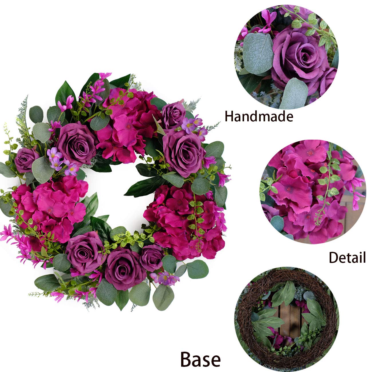 Bibelot Artificial Pink Rose Wreath 20 inches Front Door Wreath with Hydrangea Green Leaves Wreath Artificial Spring Wreath Valentines Mother's Day Wreath for Wall Wedding Party Home Decor (Pink)