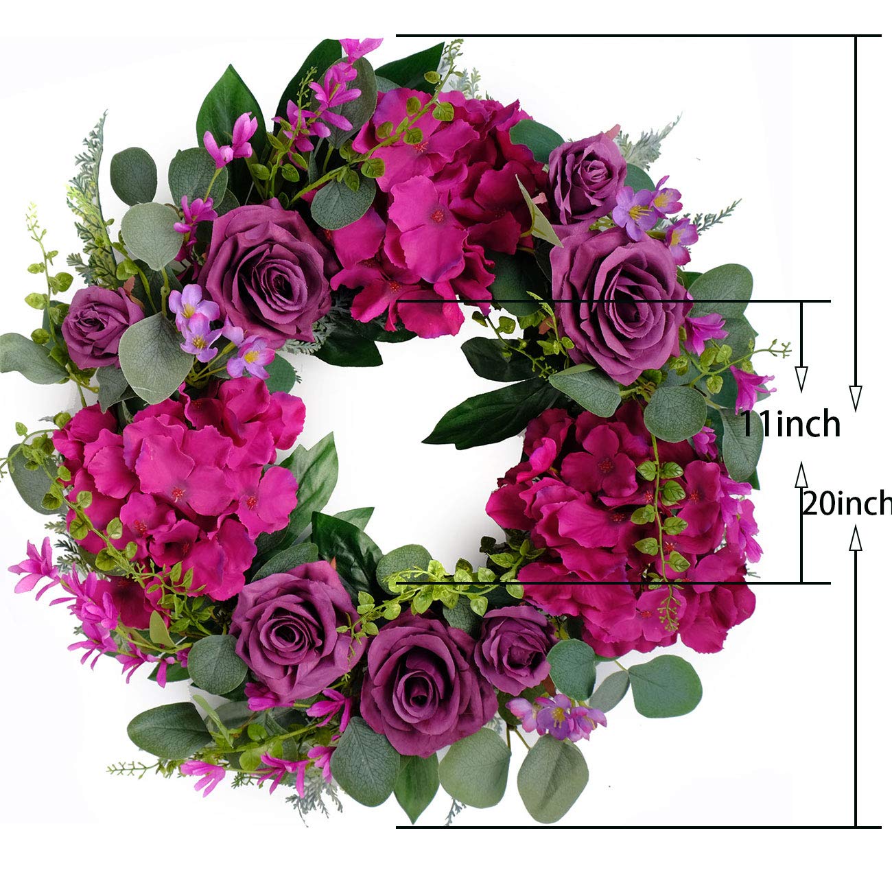 Bibelot Artificial Pink Rose Wreath 20 inches Front Door Wreath with Hydrangea Green Leaves Wreath Artificial Spring Wreath Valentines Mother's Day Wreath for Wall Wedding Party Home Decor (Pink)