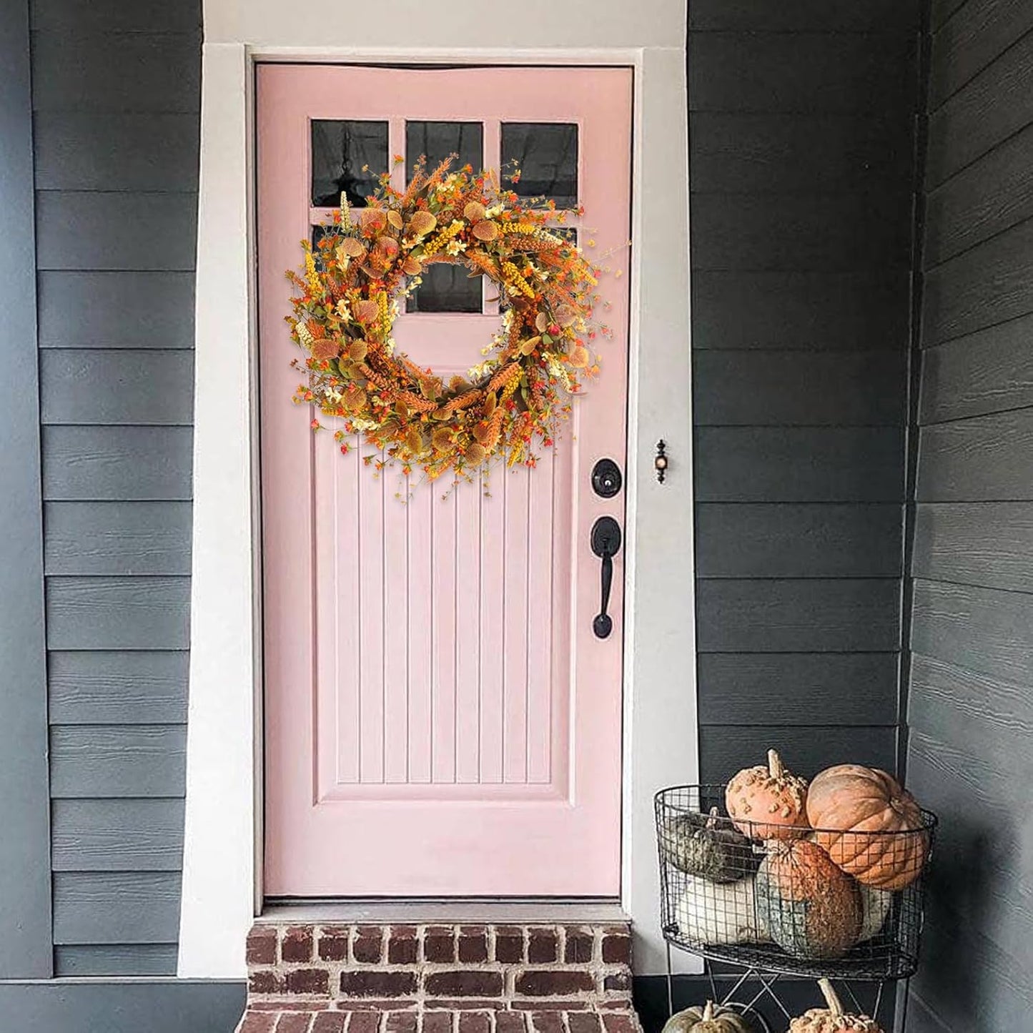 Bibelot 24 Inch Fall Wreath Front Door Wreath with Flowers,Grain,Eucalyptus Leaves Autumn Wreath for Front Door Wall Home Harvest Thanksgiving Decor