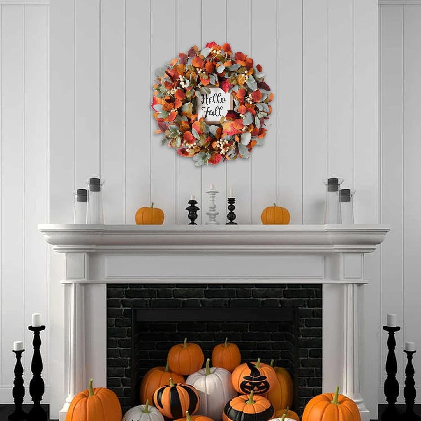 Bibelot Fall Front Door Wreath,22' Artificial Lambs Ears Leaves Wreath with Berries, Hello Fall Sign Autumn Orange Wreath for Front Door Wall Window and Thanksgiving Decor