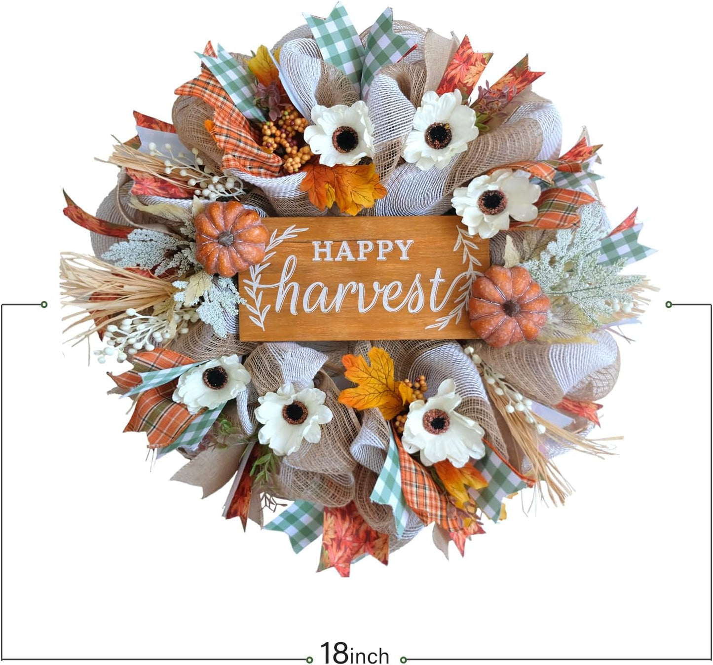 Bibelot 18 inch Fall Mesh Wreath,Autumn Artificial Wreath,Harvest Wreath with Autumn Maple Leaf Pumpkin Wreath for Thanksgiving Christmas Indoor Outdoor Decor