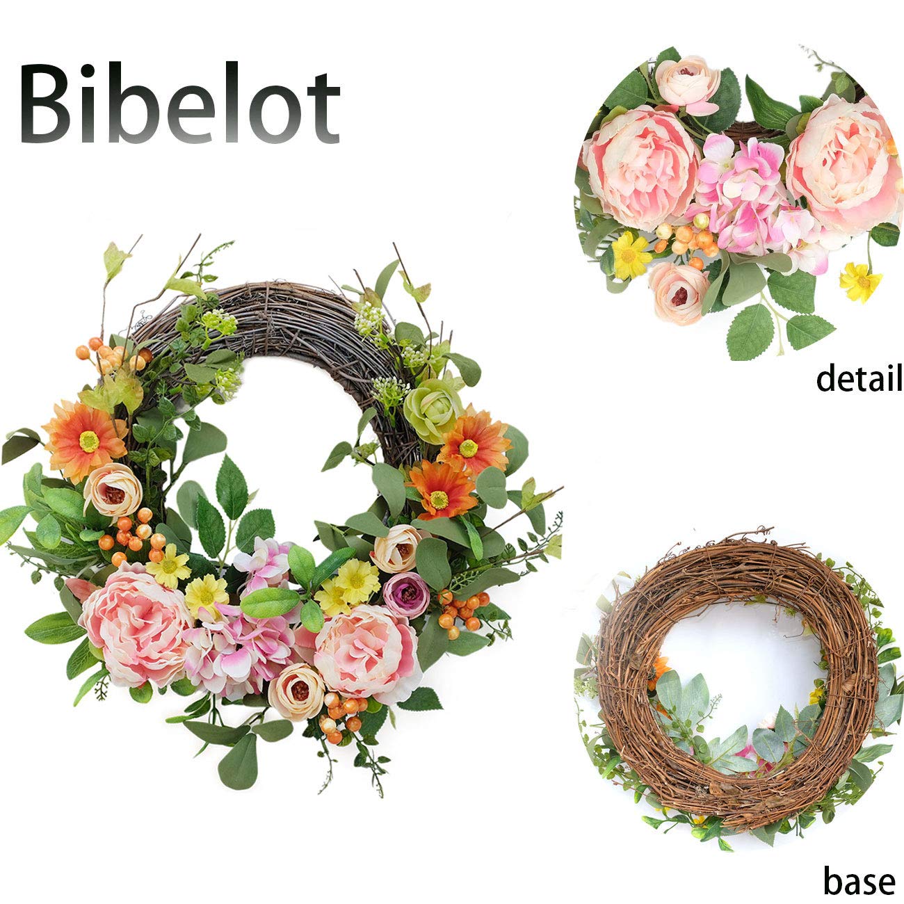 Bibelot 16 Inch Artificial Peonies Hydrangea Wreath Pink Peony Hydrangea Flowers with Daisy Wreath Spring Summer Wreaths Grapevine Wreath Green Leaves for Front Door Wall Wedding Home Decor…