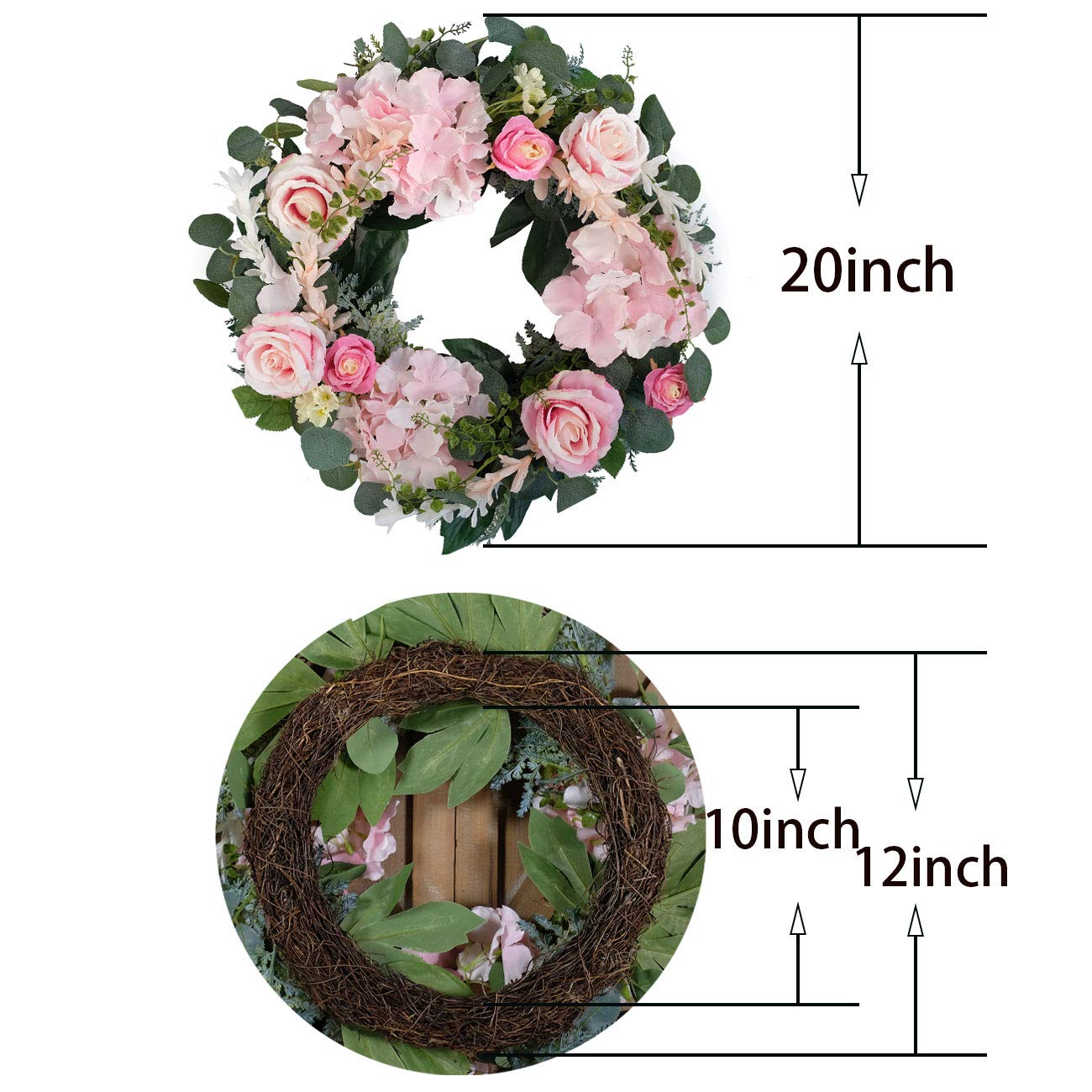 Bibelot Artificial Pink Rose Wreath 20 inches Front Door Wreath with Hydrangea Green Leaves Wreath Artificial Spring Wreath Valentines Mother's Day Wreath for Wall Wedding Party Home Decor (Pink)