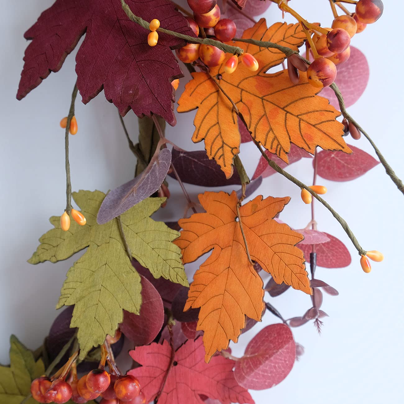 Bibelot Artificial Fall Wreath 18 inch Fake Wood Maple Leaves Red Eucalputs for Front Door Hanging Wall Decor Fall Harvest Thanksgiving Home Decor (Maple Leaves Wreath)