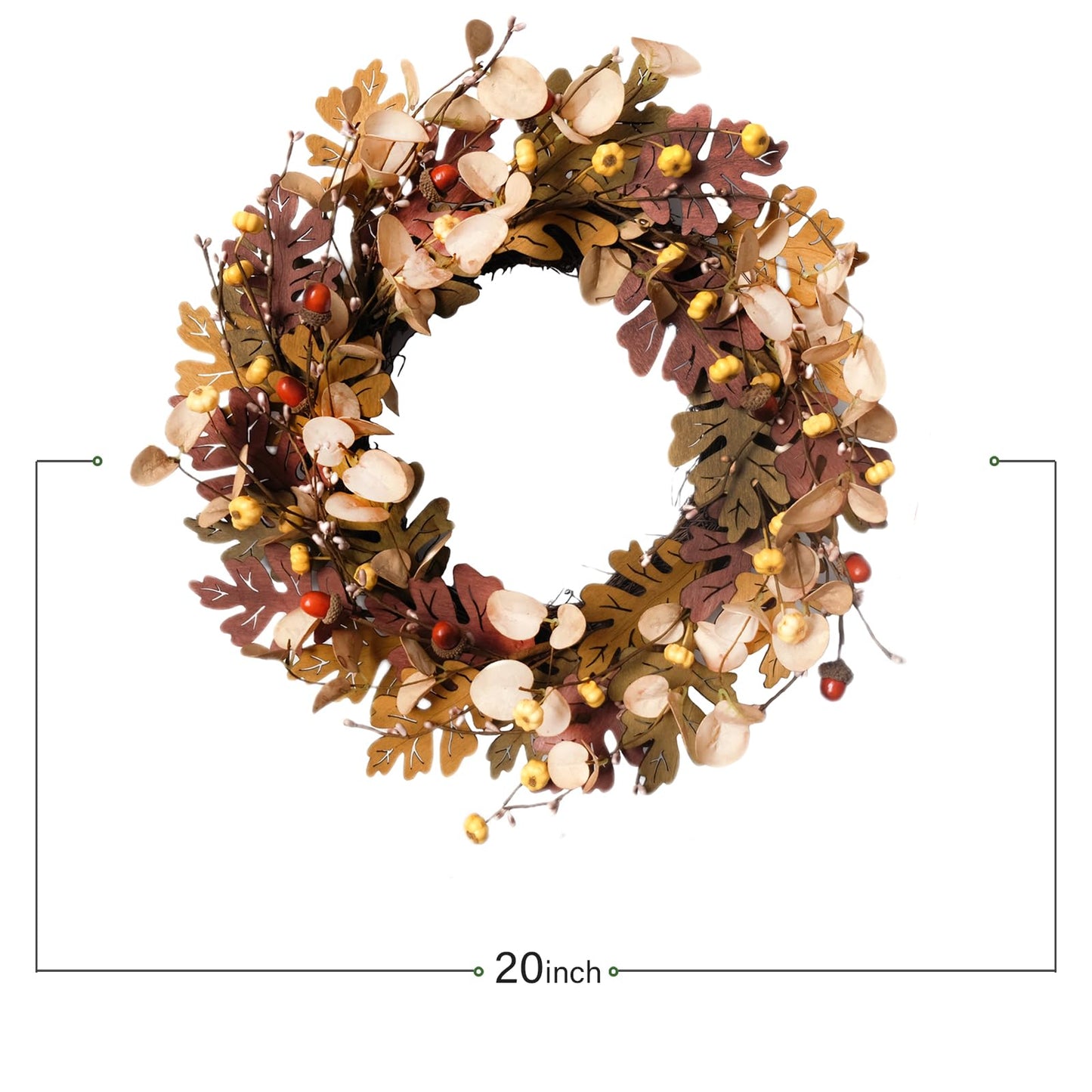 Bibelot Artificial Fall Wreath 18 inch Fake Wood Maple Leaves Red Eucalputs for Front Door Hanging Wall Decor Fall Harvest Thanksgiving Home Decor (Maple Leaves Wreath)