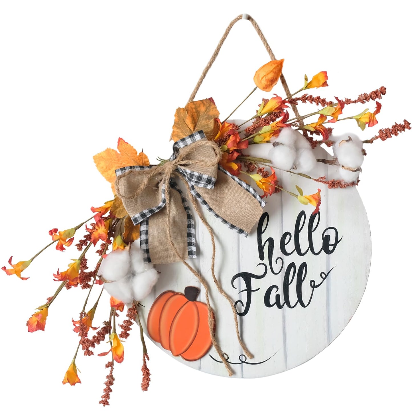 idyllic Autumn Harvest Welcome Wreath, 14 Inch Hello Fall Front Door Sign with Burlap Bow, Mixed Grain, and Leaves, Rustic Wood Farmhouse Porch Decor for Home Front Door Decor 12 inches