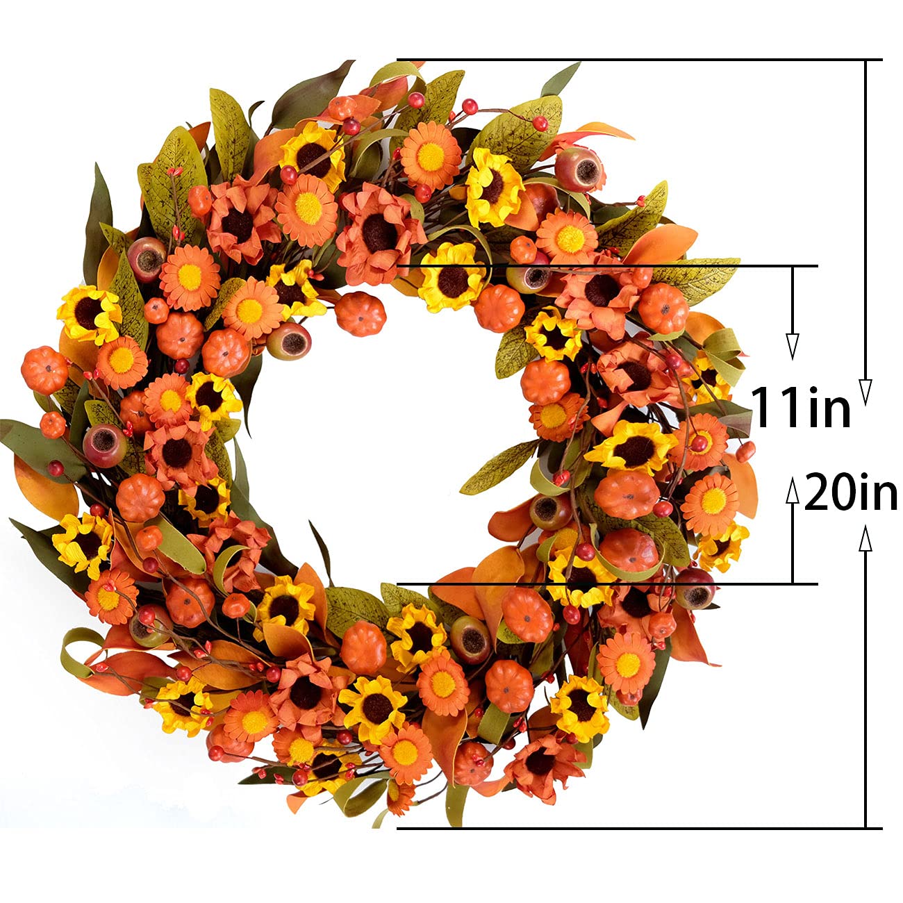 Bibelot Fall Wreath Artificial Pumpkin Wreath Green Leaves for Front Door Autumn Wreaths Farmhouse Home Office Wedding Party Wall Decor