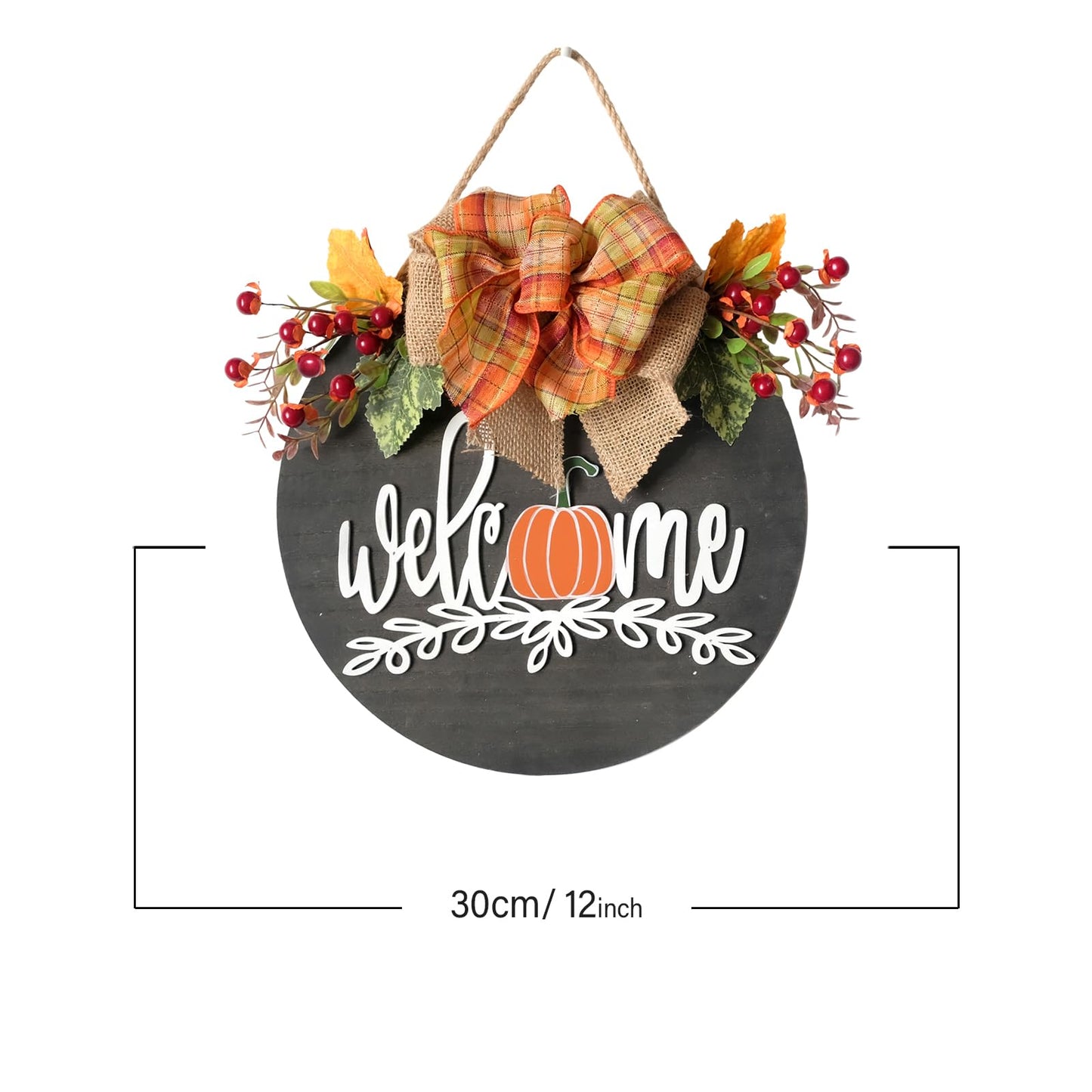 idyllic Autumn Harvest Welcome Wreath, 14 Inch Hello Fall Front Door Sign with Burlap Bow, Mixed Grain, and Leaves, Rustic Wood Farmhouse Porch Decor for Home Front Door Decor 12 inches