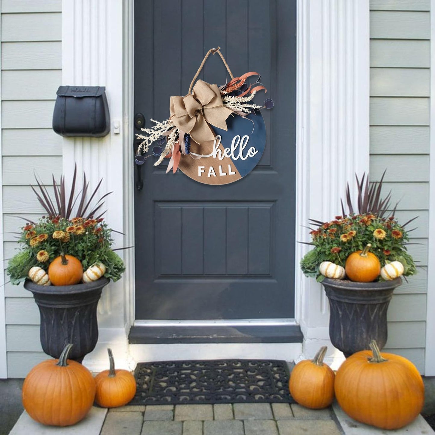 idyllic Autumn Harvest Welcome Wreath, 14 Inch Hello Fall Front Door Sign with Burlap Bow, Mixed Grain, and Leaves, Rustic Wood Farmhouse Porch Decor for Home Front Door Decor 12 inches