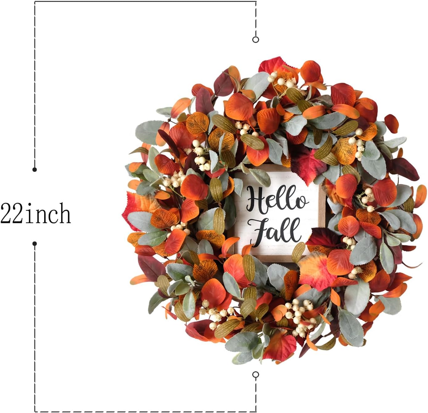 Bibelot Fall Front Door Wreath,22' Artificial Lambs Ears Leaves Wreath with Berries, Hello Fall Sign Autumn Orange Wreath for Front Door Wall Window and Thanksgiving Decor