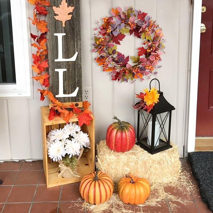 Bibelot Artificial Fall Wreath 18 inch Fake Wood Maple Leaves Red Eucalputs for Front Door Hanging Wall Decor Fall Harvest Thanksgiving Home Decor (Maple Leaves Wreath)