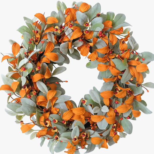 Bibelot Fall Wreaths for Front Door, 22'' Lambs Ears Leaves Berries Wreath with Hello Fall Sign Artificial Wreath for Halloween Front Door Window Home Wall Farmhouse Holiday Outdoor Indoor Decor