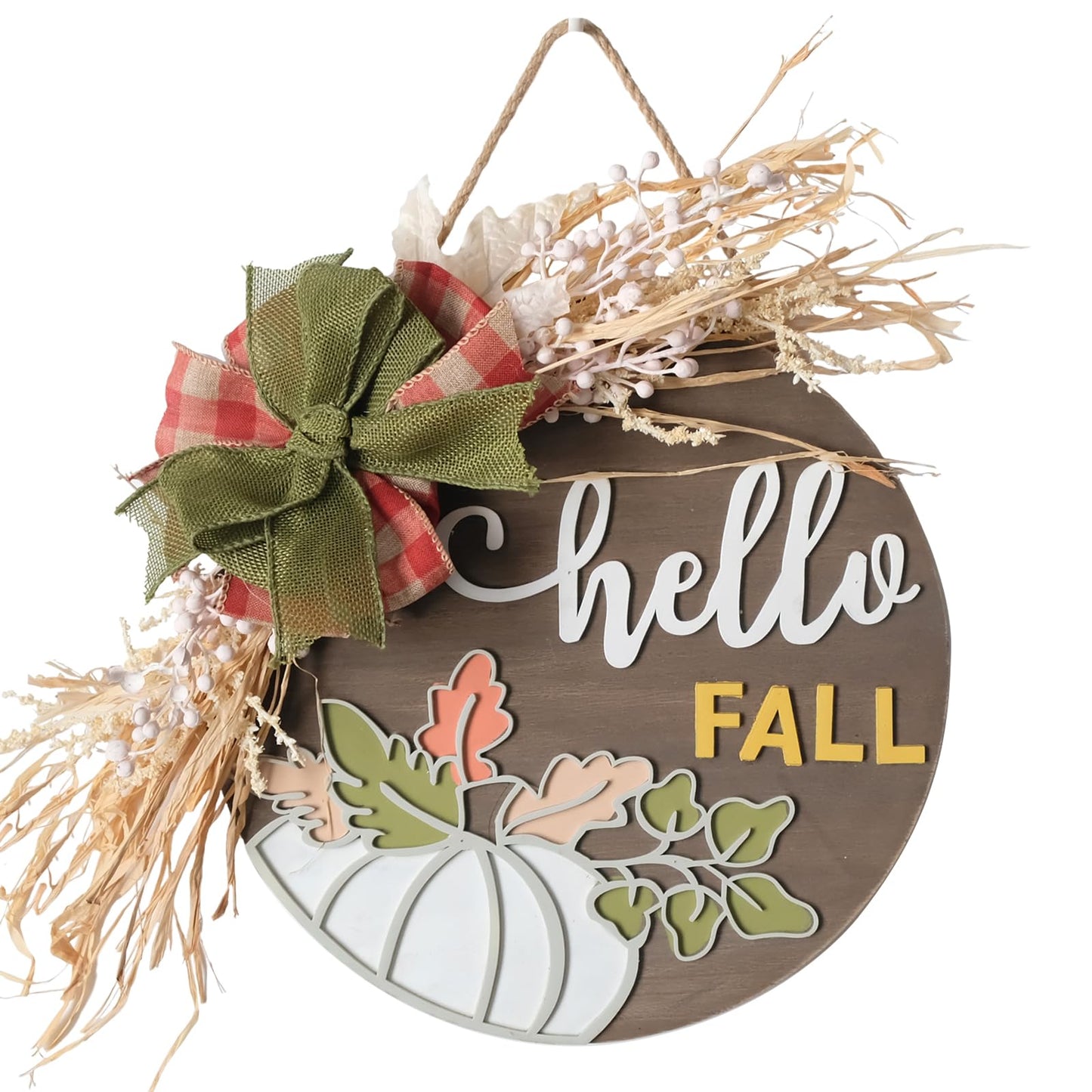 idyllic Autumn Harvest Welcome Wreath, 14 Inch Hello Fall Front Door Sign with Burlap Bow, Mixed Grain, and Leaves, Rustic Wood Farmhouse Porch Decor for Home Front Door Decor 12 inches