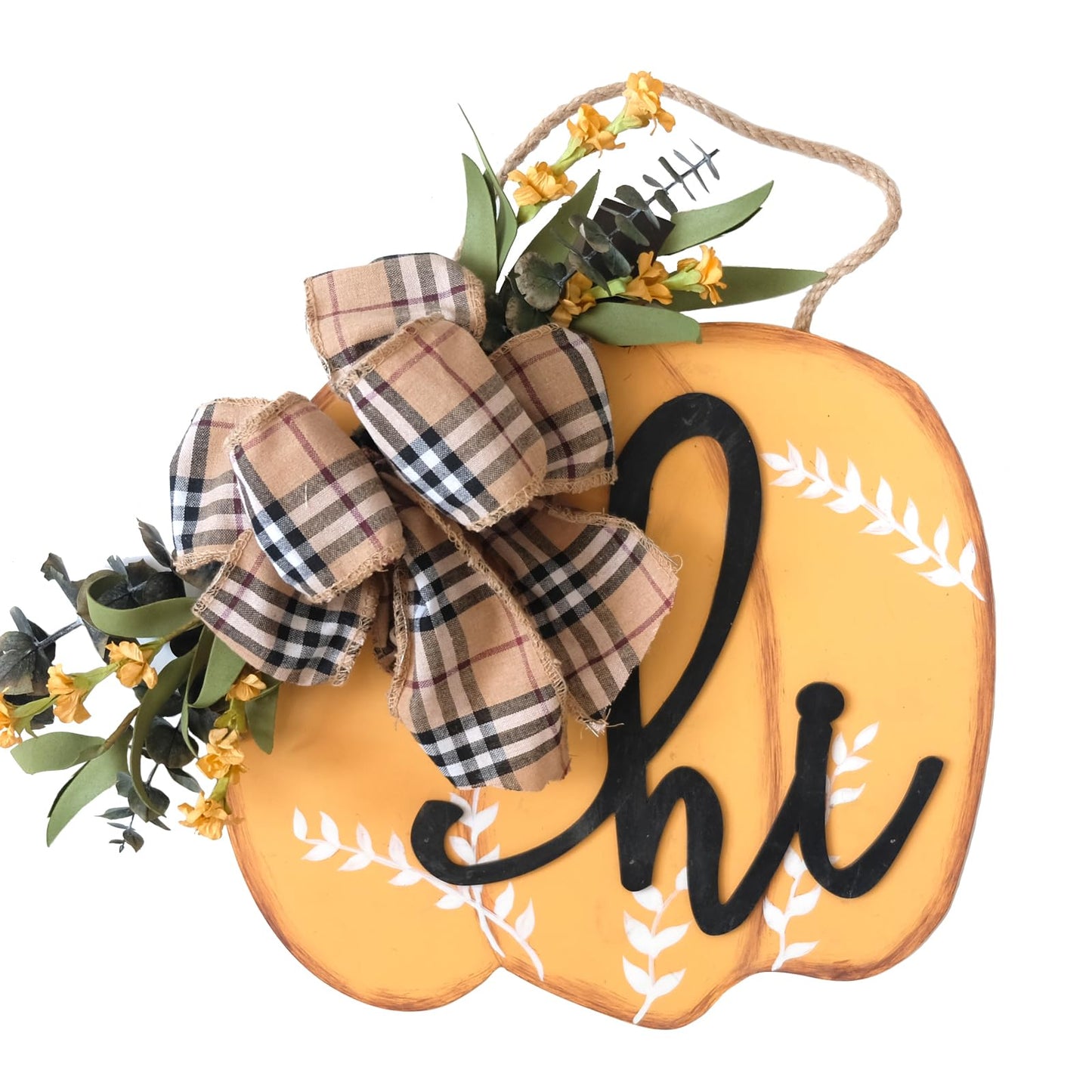 idyllic Autumn Harvest Welcome Wreath, 14 Inch Hello Fall Front Door Sign with Burlap Bow, Mixed Grain, and Leaves, Rustic Wood Farmhouse Porch Decor for Home Front Door Decor 12 inches