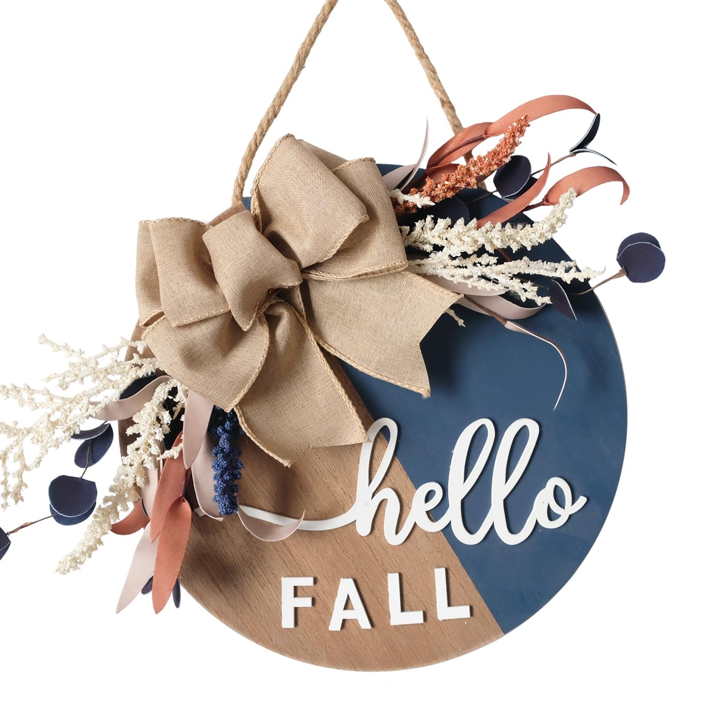 idyllic Autumn Harvest Welcome Wreath, 14 Inch Hello Fall Front Door Sign with Burlap Bow, Mixed Grain, and Leaves, Rustic Wood Farmhouse Porch Decor for Home Front Door Decor 12 inches