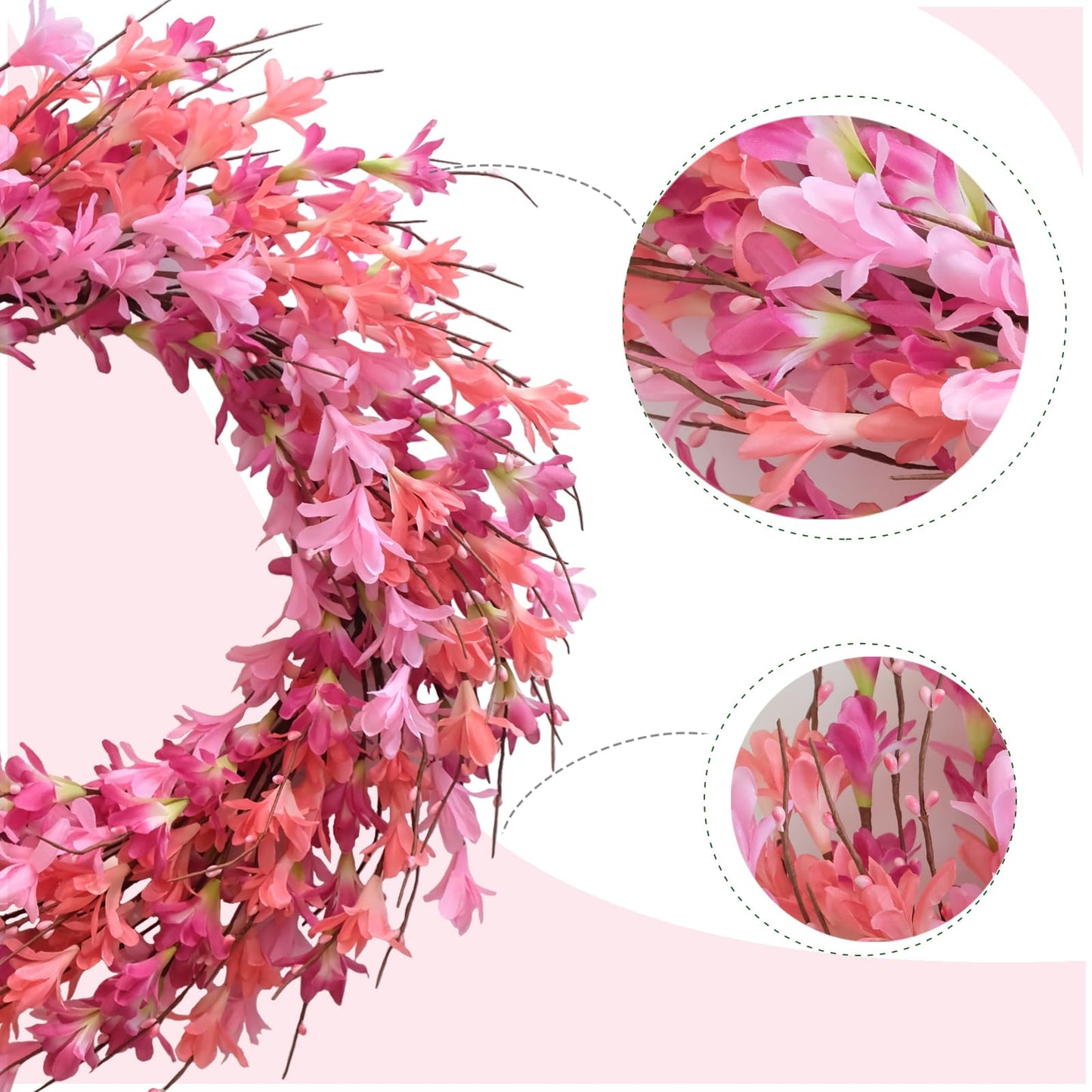 Bibelot 20inch Artificial Forsythia Flower Wreath Spring Summer Fall Wreath Silk Leaves Wreath for Front Door Wreath Porch Farmhouse Patio Garden Home Decor (White)