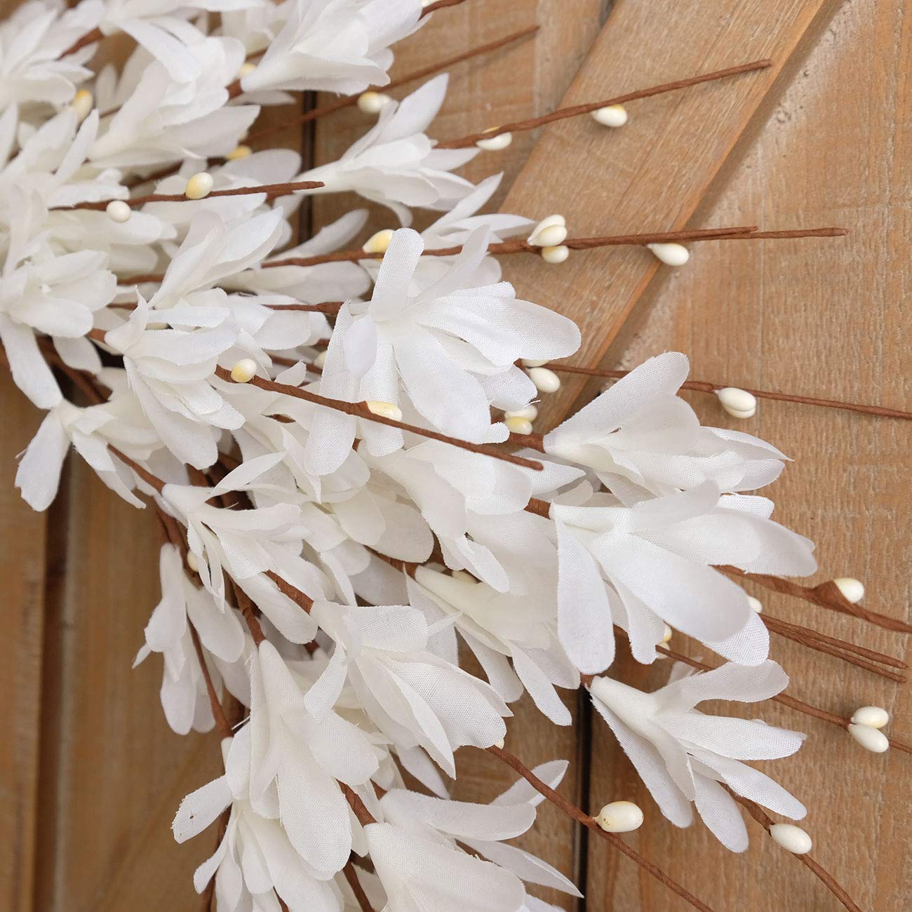 Bibelot 20inch Artificial Forsythia Flower Wreath Spring Summer Fall Wreath Silk Leaves Wreath for Front Door Wreath Porch Farmhouse Patio Garden Home Decor (White)