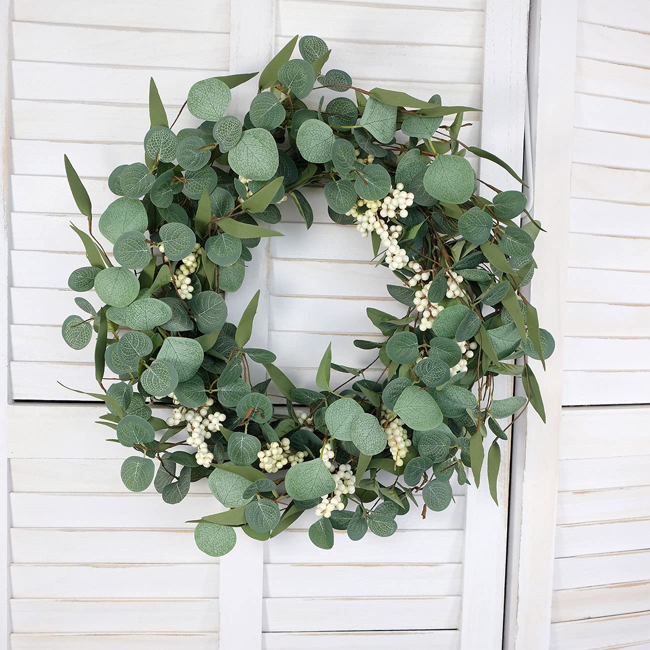 Bibelot Artificial Green Leaf Eucalyptus Wreath,Berry Wreath for Spring,Summer, Front Door Window Hanging Wall Party Decorations (20Inch)