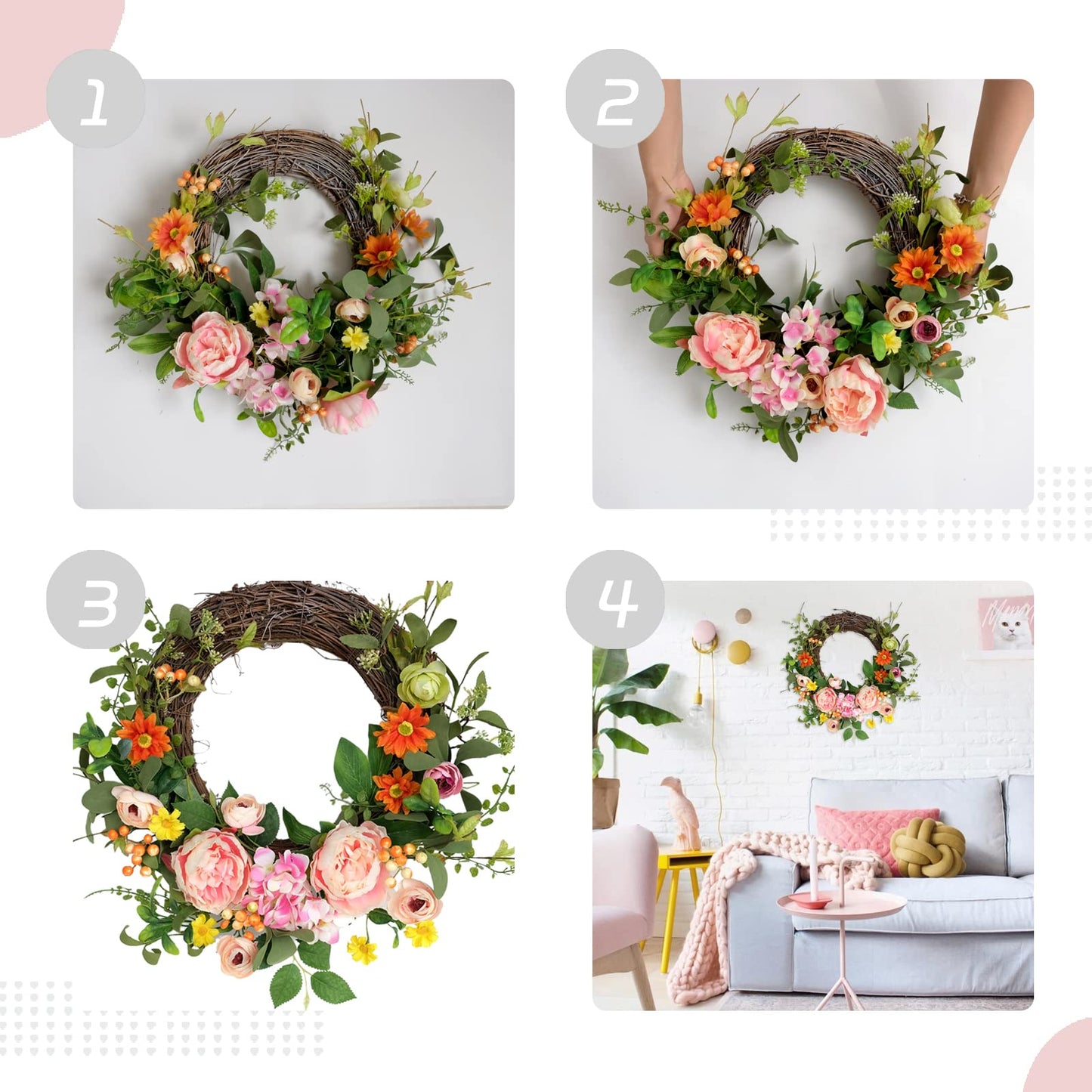 Bibelot 16 Inch Artificial Peonies Hydrangea Wreath Pink Peony Hydrangea Flowers with Daisy Wreath Spring Summer Wreaths Grapevine Wreath Green Leaves for Front Door Wall Wedding Home Decor…