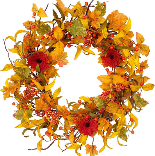 Bibelot Fall Wreath 20 Inch Autumn Artificial Sunflower Wreath Berries Leaves Seeds Pip Harvest Wreath for Front Door for Wedding,Home Decor Halloween Thanksgiving Decor