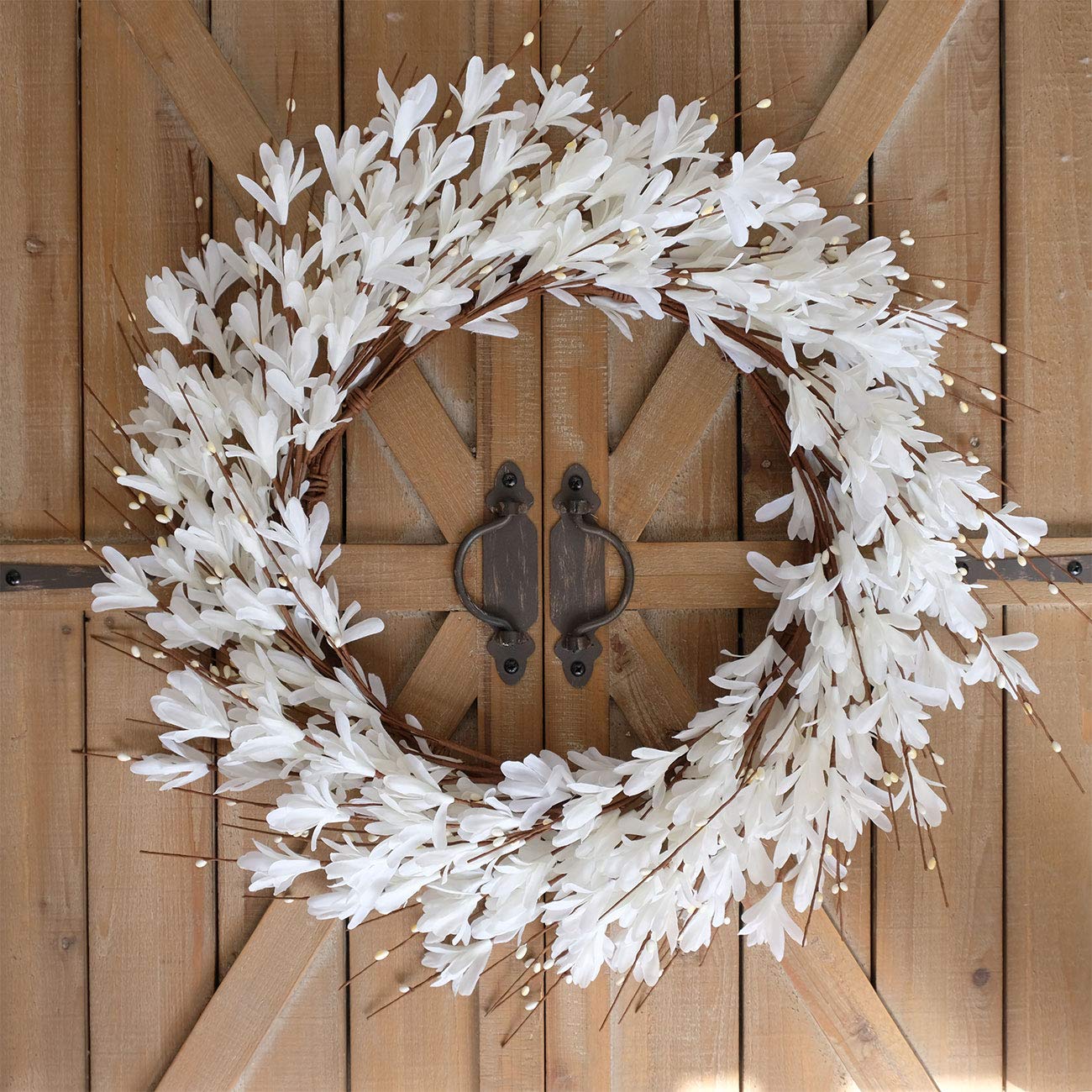 Bibelot 20inch Artificial Forsythia Flower Wreath Spring Summer Fall Wreath Silk Leaves Wreath for Front Door Wreath Porch Farmhouse Patio Garden Home Decor (White)