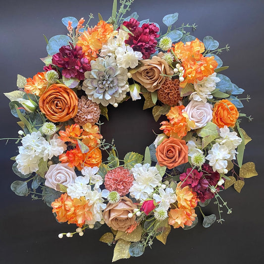 Bibelot 24 Inch Fall Wreath for Front Door with Orange Peony and Dahlia Flowers-Fall Decoration for Home-Large Fall Decor Door Wreath for Autumn,Harvest or Thanksgiving