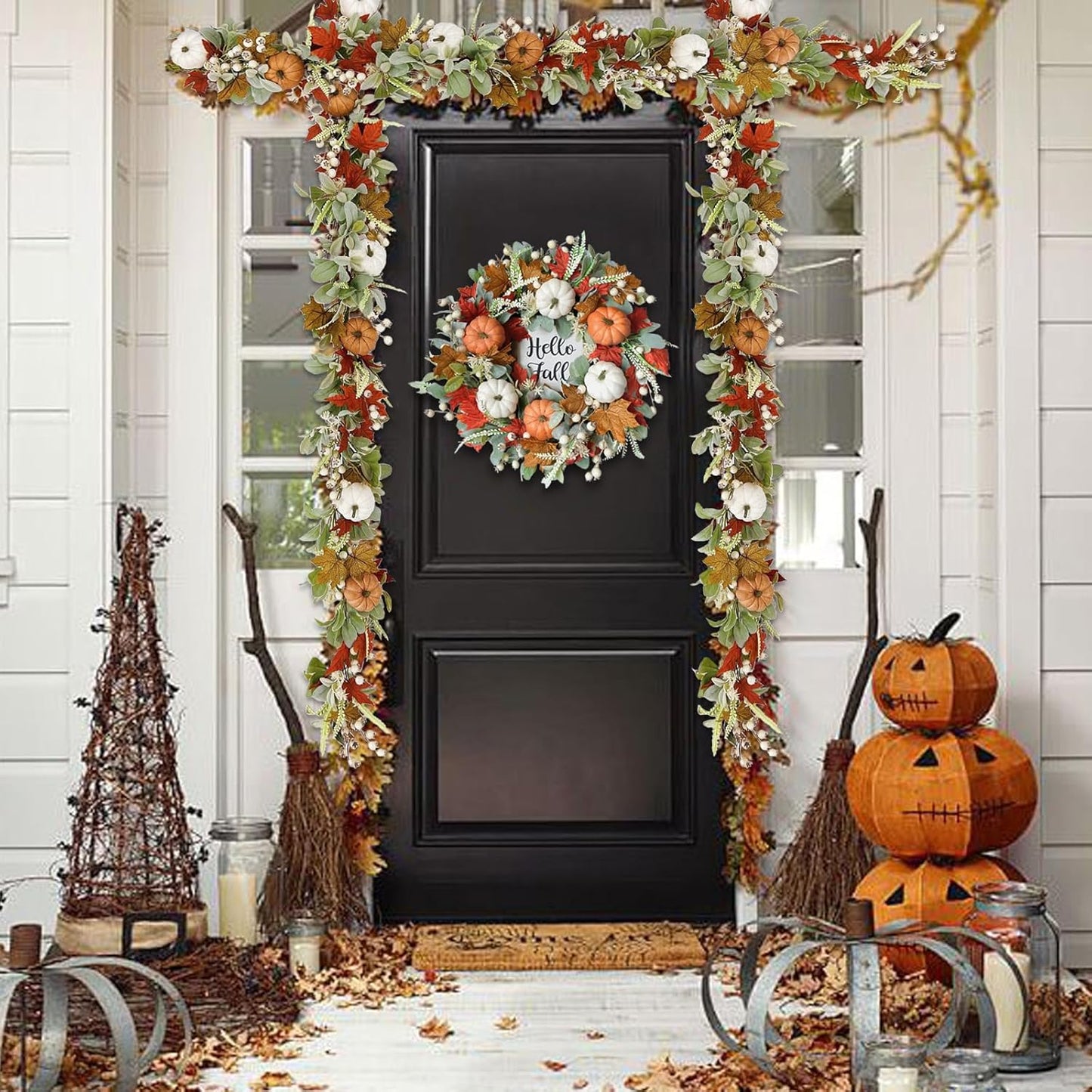 Bibelot Fall Wreaths for Front Door, 22 Inch Autumn Maples Leaf Pumpkin Berry Wreath with Hello Fall sign, Fall Decorations for Thanksgiving Halloween Farmhouse Harvest Home Outdoor Indoor Window Wall