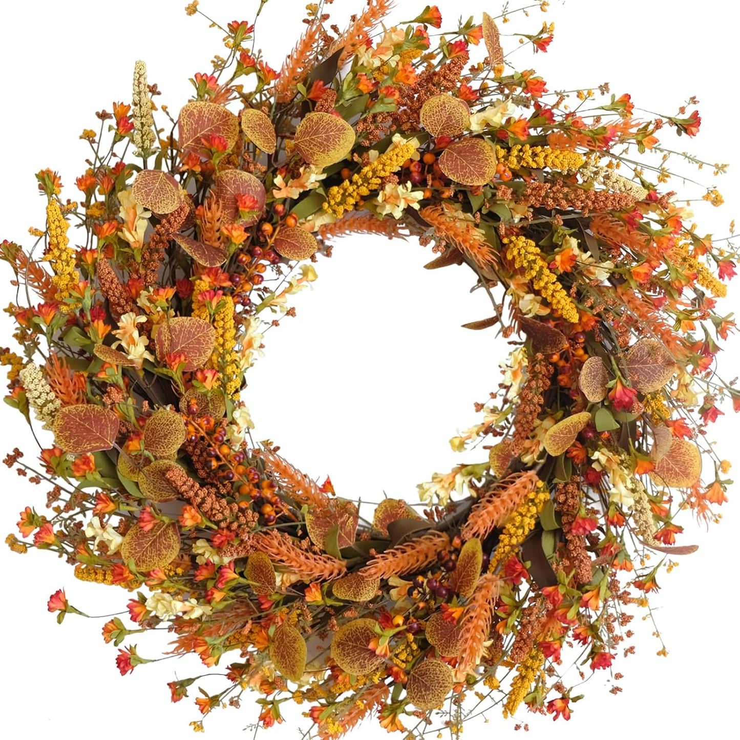 Bibelot 24 Inch Fall Wreath Front Door Wreath with Flowers,Grain,Eucalyptus Leaves Autumn Wreath for Front Door Wall Home Harvest Thanksgiving Decor