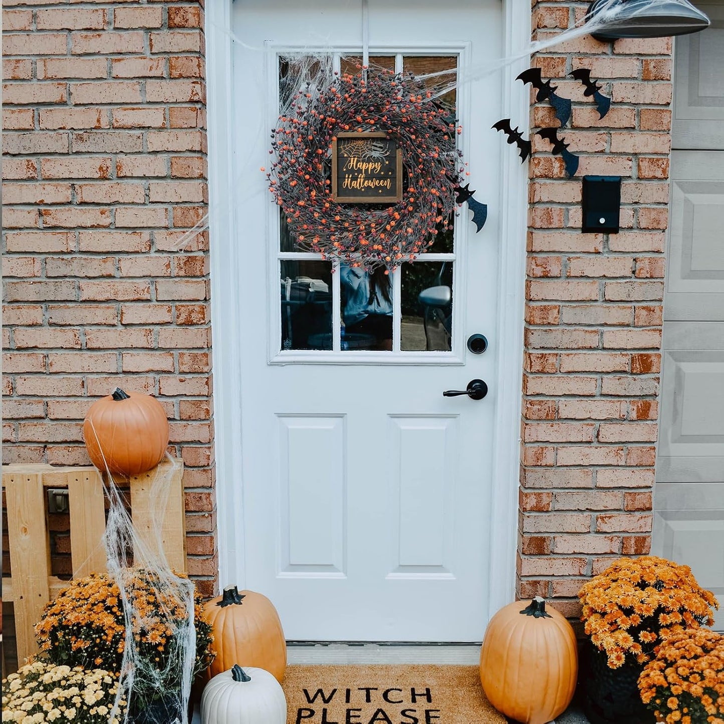 Bibelot Halloween Wreath for Front Door, 18” Artificial Fall Berries Wreaths with Happy Halloween Sign for Inside and Outside, Autumn Wreaths for Halloween and Fall Decor