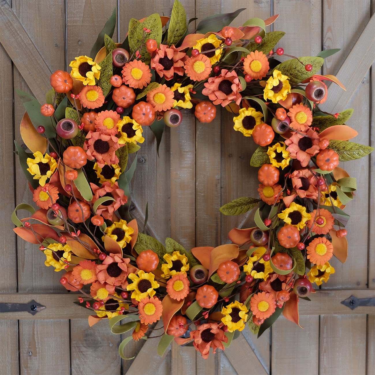 Bibelot Fall Wreath Artificial Pumpkin Wreath Green Leaves for Front Door Autumn Wreaths Farmhouse Home Office Wedding Party Wall Decor