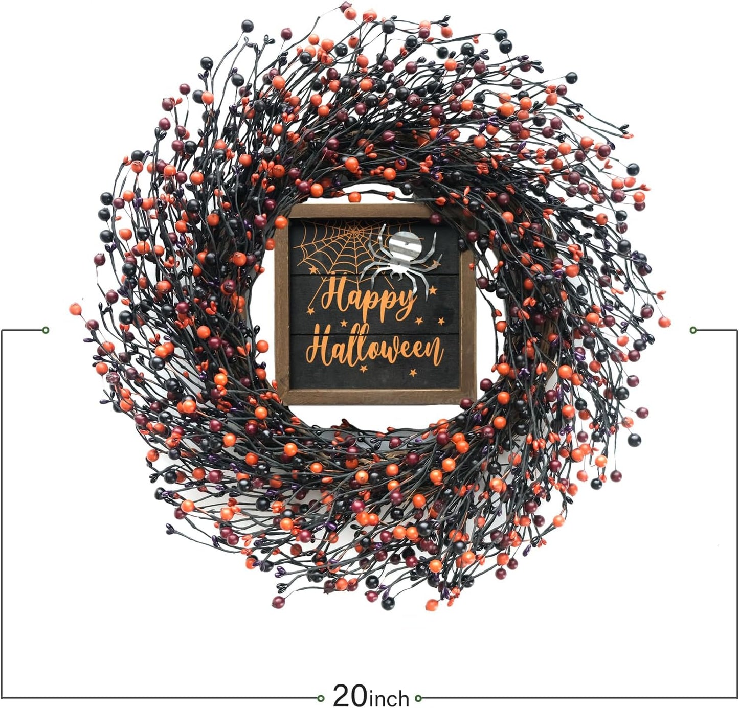 Bibelot Halloween Wreath for Front Door, 18” Artificial Fall Berries Wreaths with Happy Halloween Sign for Inside and Outside, Autumn Wreaths for Halloween and Fall Decor