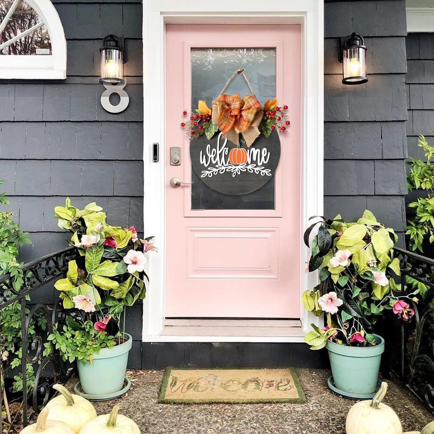 idyllic Autumn Harvest Welcome Wreath, 14 Inch Hello Fall Front Door Sign with Burlap Bow, Mixed Grain, and Leaves, Rustic Wood Farmhouse Porch Decor for Home Front Door Decor 12 inches