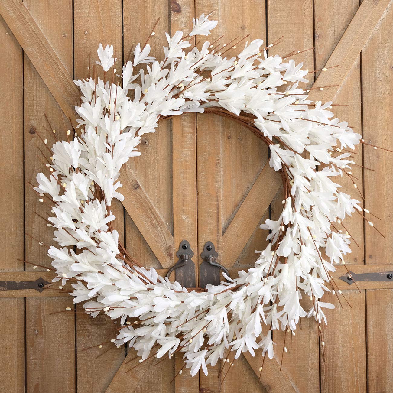 Bibelot 20inch Artificial Forsythia Flower Wreath Spring Summer Fall Wreath Silk Leaves Wreath for Front Door Wreath Porch Farmhouse Patio Garden Home Decor (White)