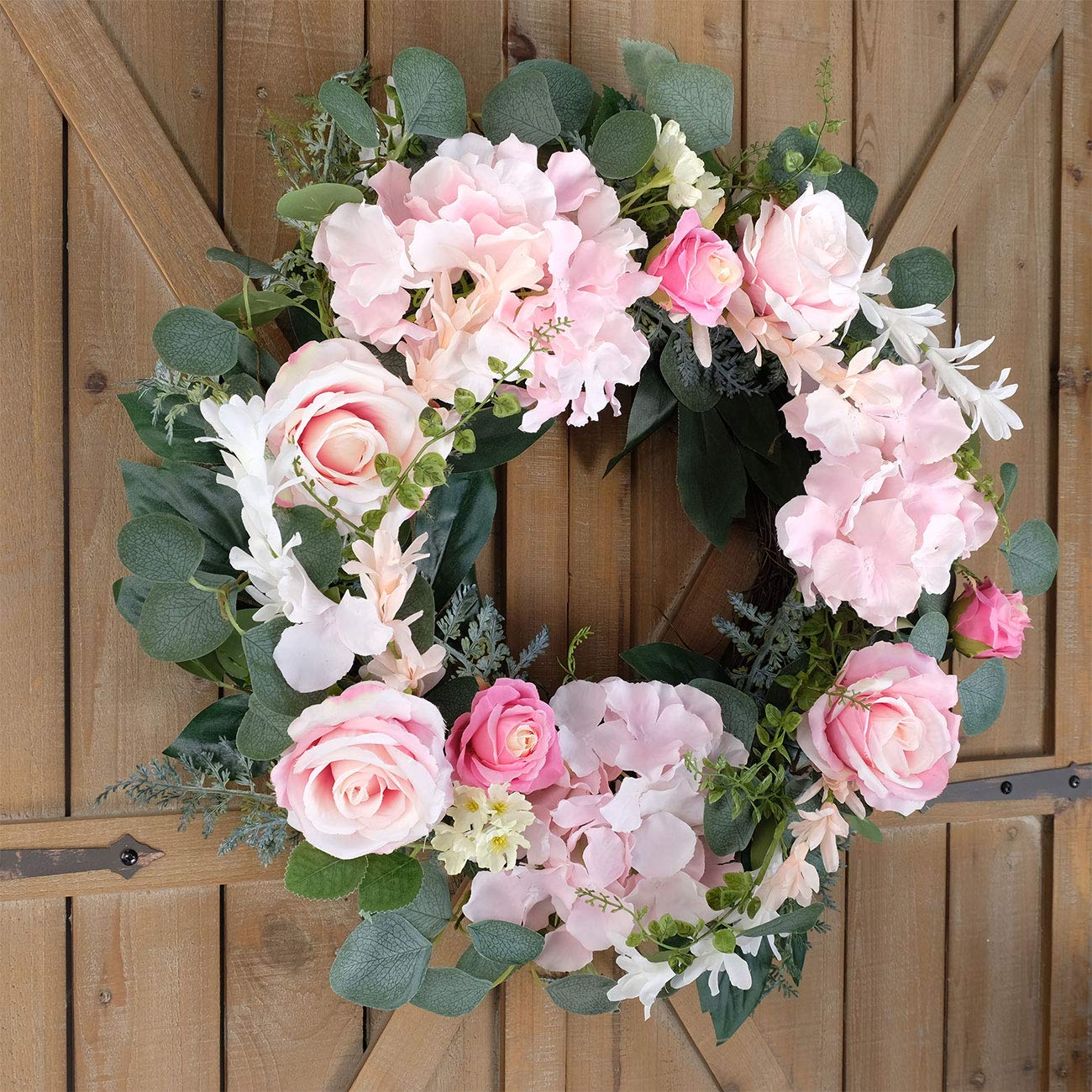 Bibelot Artificial Pink Rose Wreath 20 inches Front Door Wreath with Hydrangea Green Leaves Wreath Artificial Spring Wreath Valentines Mother's Day Wreath for Wall Wedding Party Home Decor (Pink)